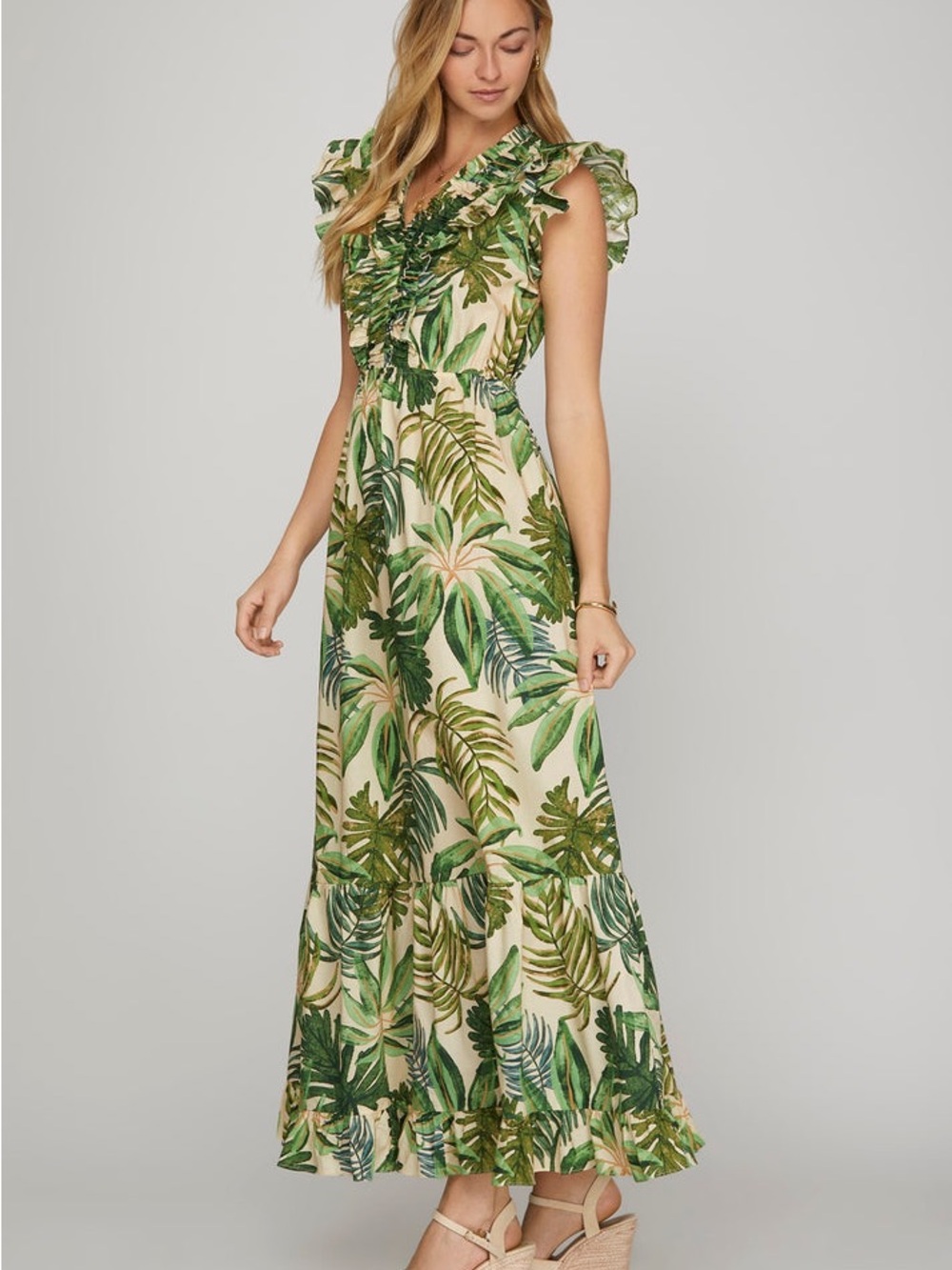She + Sky Cream Maxi Dress with Green Tropical Leaf Print